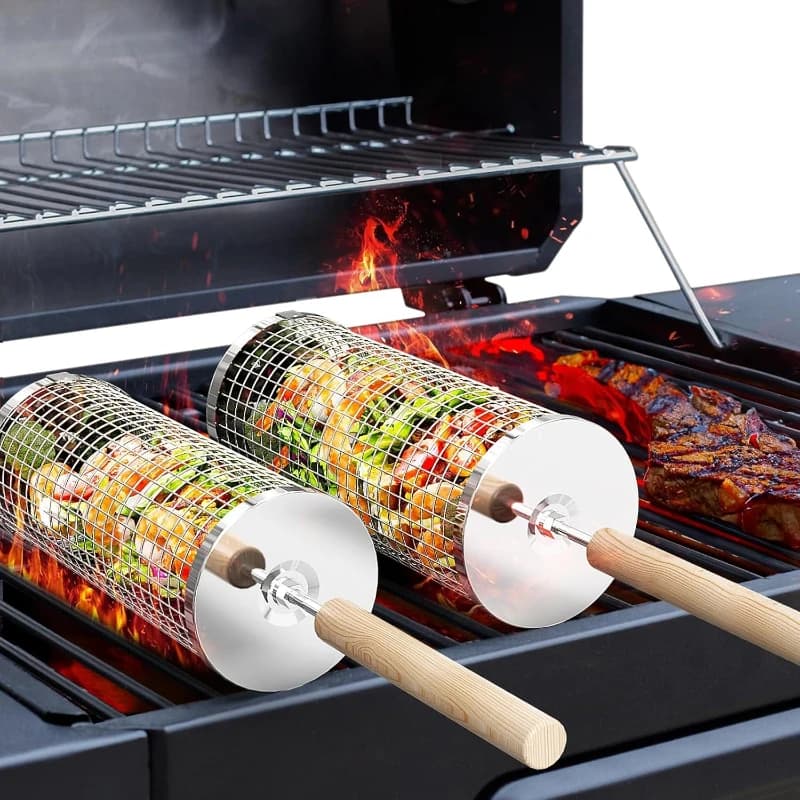 Rolling Grill Basket, 304 Stainless Steel, BBQ Tools,Birthday Gifts for Men Dad Husband,FreeCleaning Brush Brick Block included