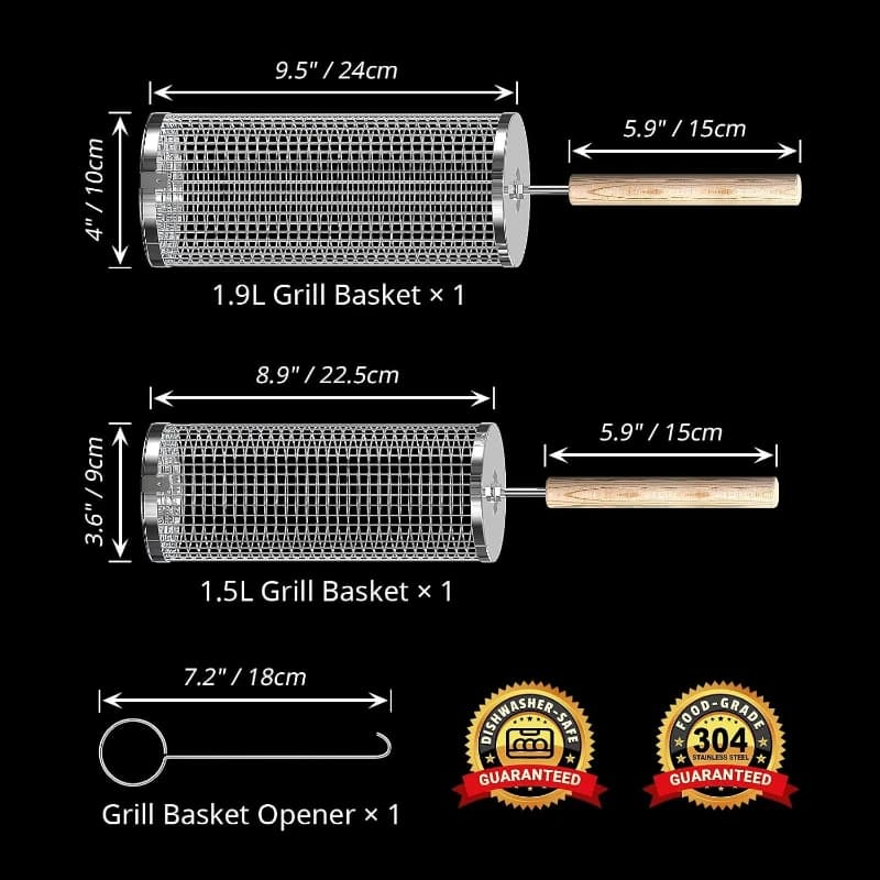 Rolling Grill Basket, 304 Stainless Steel, BBQ Tools,Birthday Gifts for Men Dad Husband,FreeCleaning Brush Brick Block included