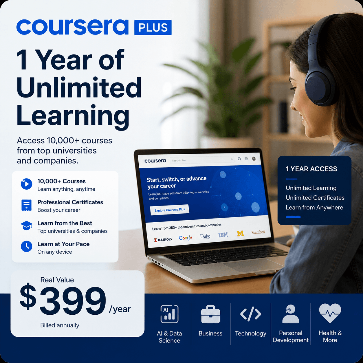 Unlock a Full Year of Learning With Coursera Plus (1-Year Premium Learning Subscription)